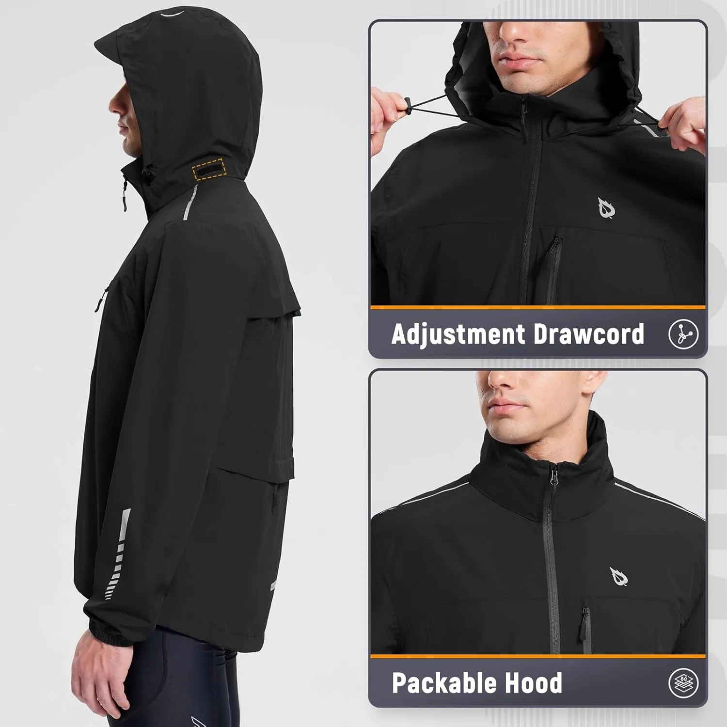baleaf Men's Rain Jacket Waterproof Windbreaker Running Cycling Golf Hiking Gear Hood Lightweight Reflective Packable