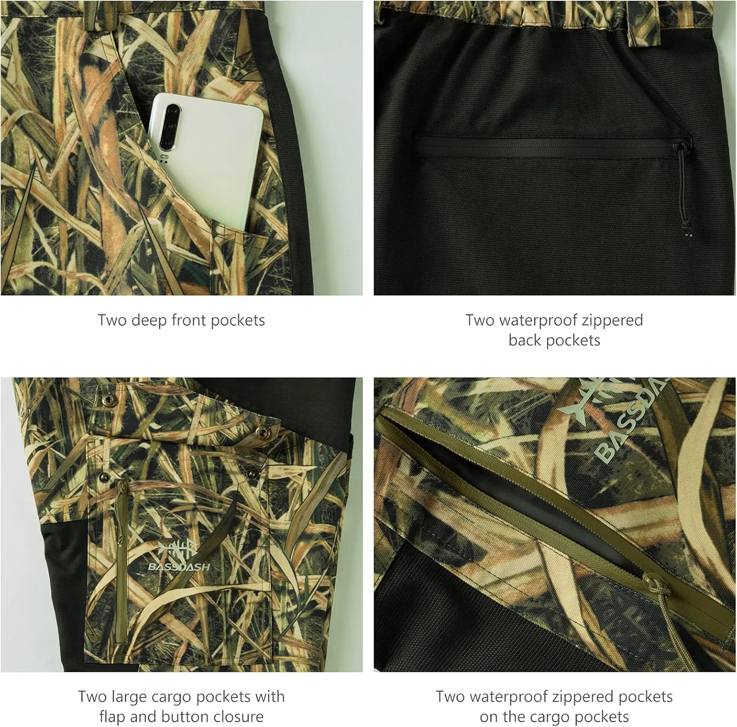 BASSDASH Splice Mens Waterproof Breathable Hunting Pants Ripstop Camo Fishing Rain Pant