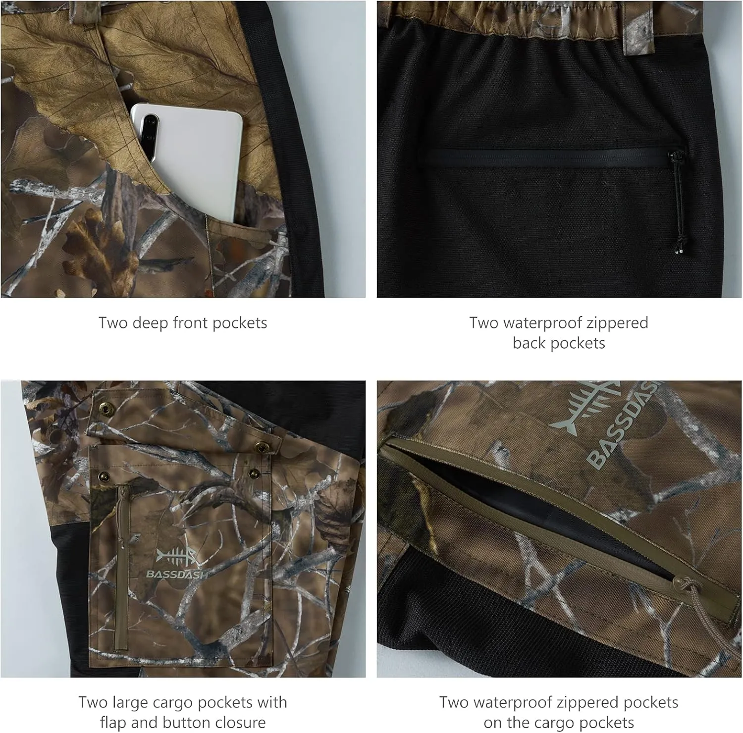 BASSDASH Splice Mens Waterproof Breathable Hunting Pants Ripstop Camo Fishing Rain Pant
