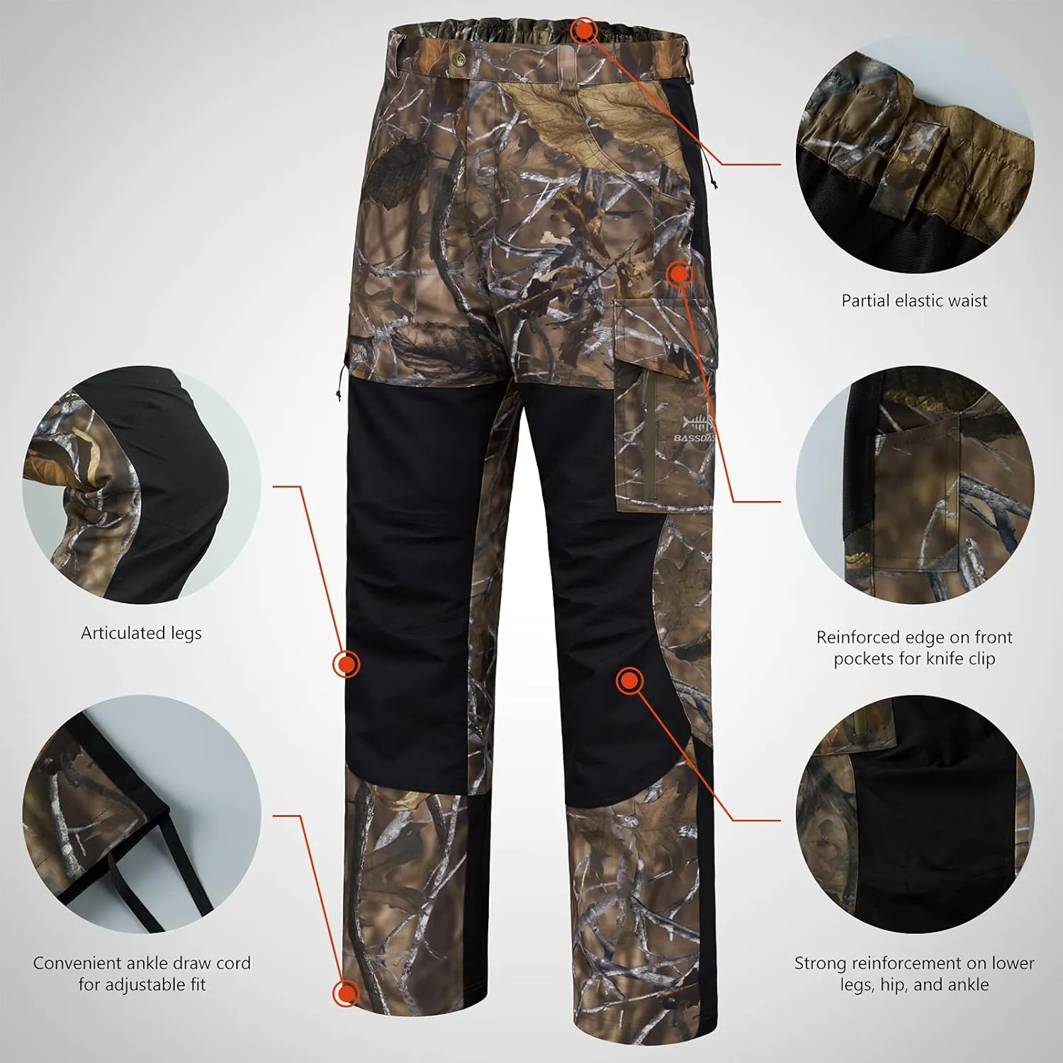 BASSDASH Splice Mens Waterproof Breathable Hunting Pants Ripstop Camo Fishing Rain Pant