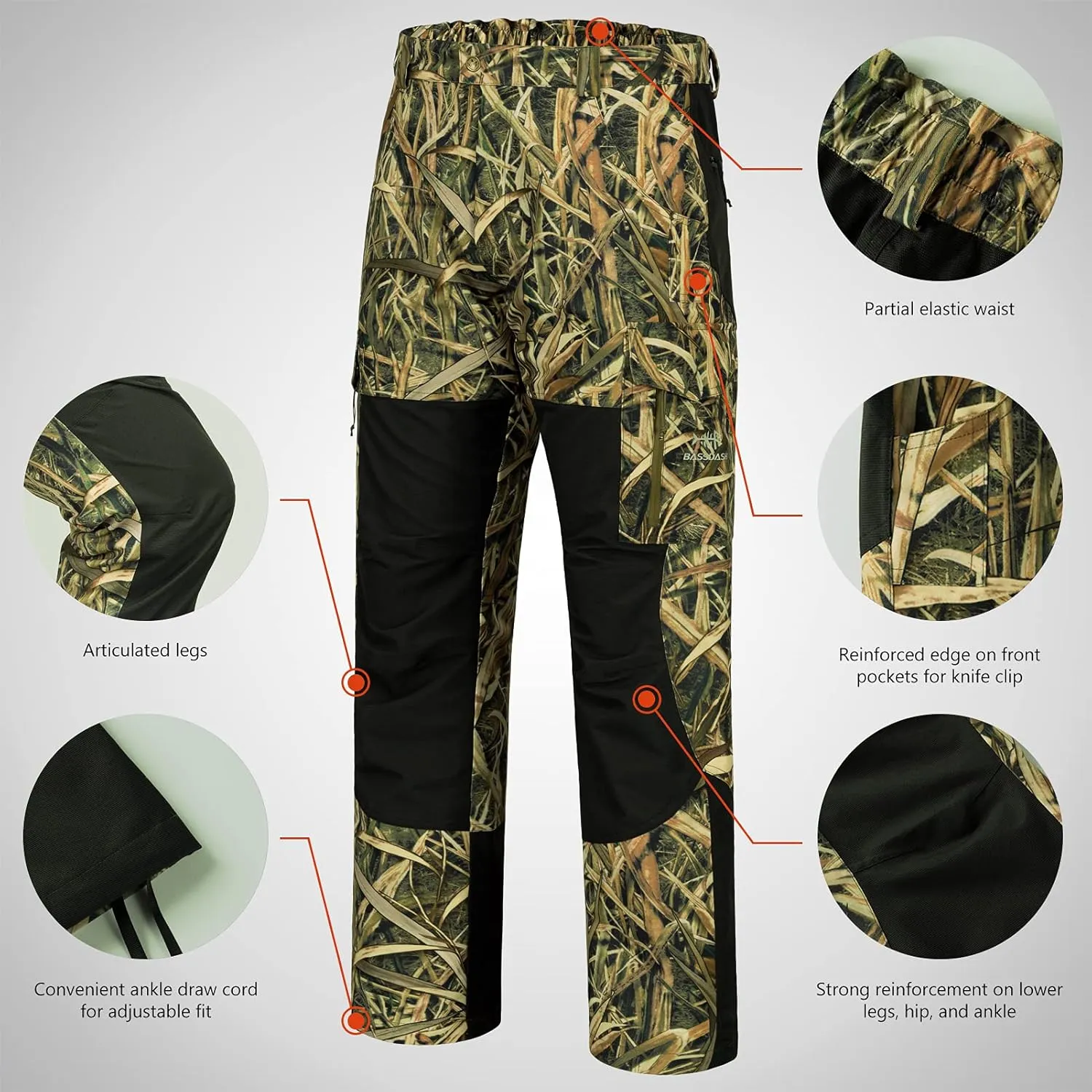 BASSDASH Splice Mens Waterproof Breathable Hunting Pants Ripstop Camo Fishing Rain Pant