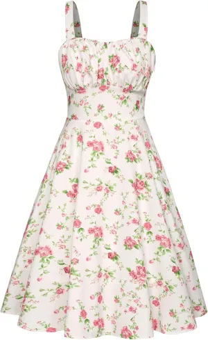 Belle Poque Women's Vintage Sleeveless Solid Floral Ruched Summer Cute A-Line Flowy Swing Midi Dress