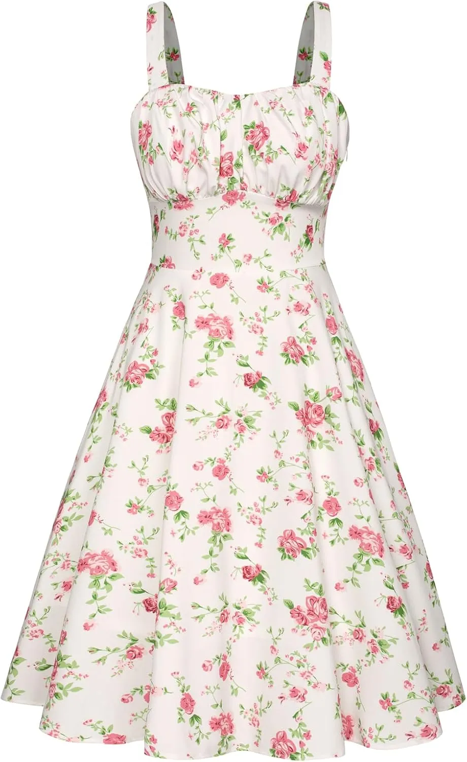 Belle Poque Women's Vintage Sleeveless Solid Floral Ruched Summer Cute A-Line Flowy Swing Midi Dress