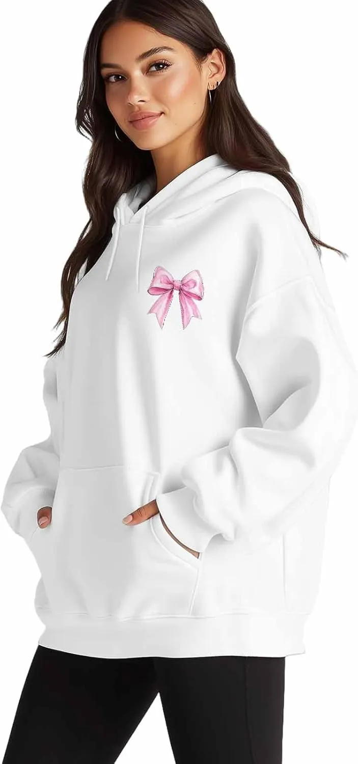 BEMIGO Hooded Sweatshirt Women Pink Bow Cozy Black/White Sweatshirt with Oversized Front Pocket Girls Printed Trendy Tops