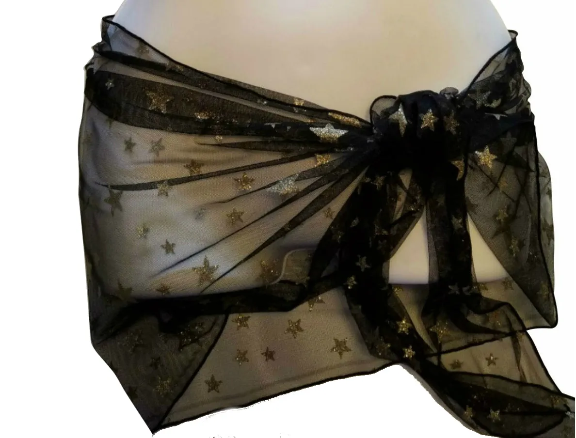Black Ultra Sheer Embellished Gold Stars Sarong