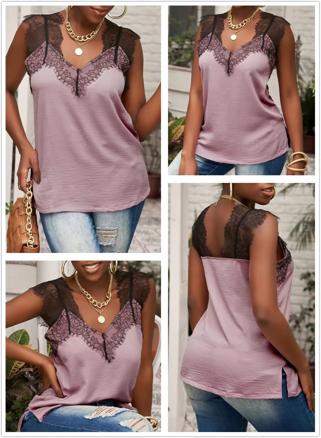 BLENCOT Women's V Neck Lace Strappy Cami Tank Tops Casual Loose Sleeveless Blouse Shirts