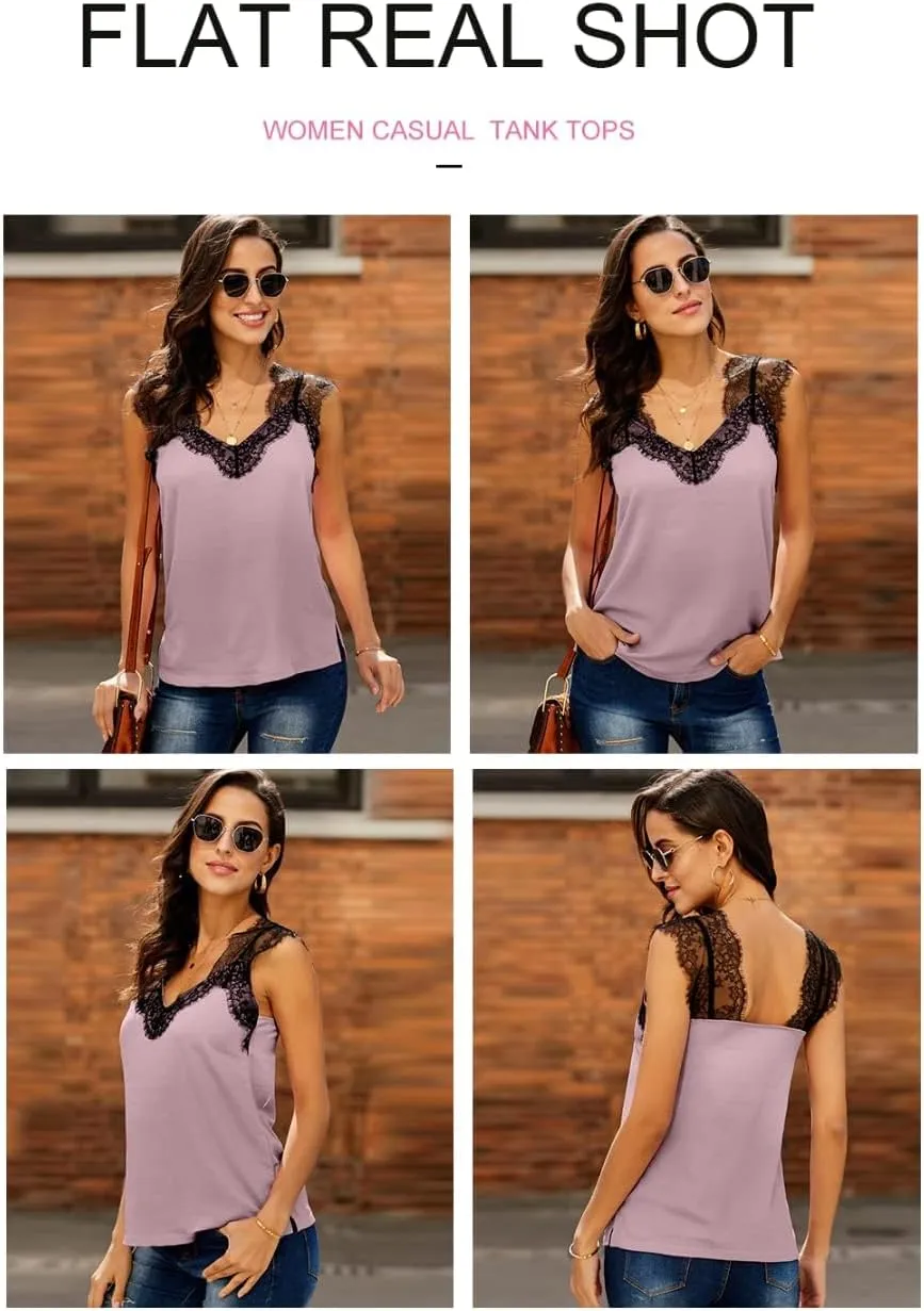 BLENCOT Women's V Neck Lace Strappy Cami Tank Tops Casual Loose Sleeveless Blouse Shirts
