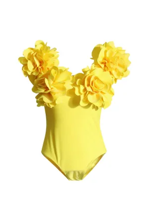 Blooming 3D Rosette Applique V Neck Cap Sleeve Fitted Summer Bodysuit