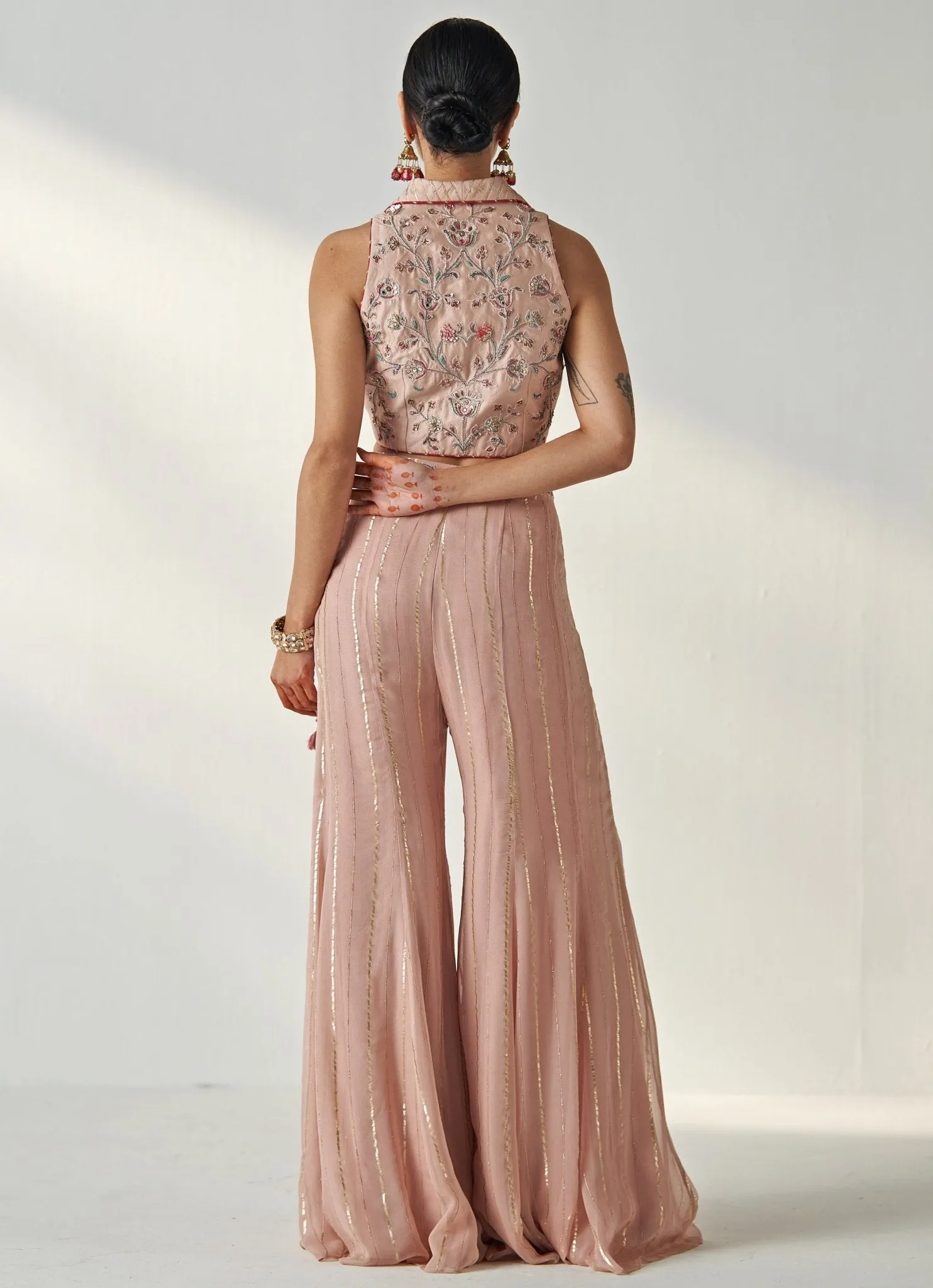Blush Pink Embroidered Blouse With Sharara Pants
