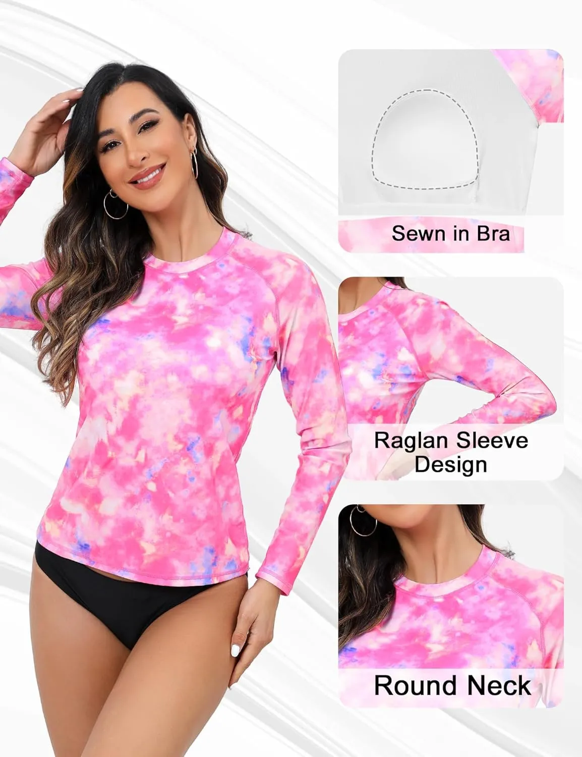 Bonneuitbebe Women Rash Guard with Bra UPF 50  Long Sleeve Swim Shirts Quick Dry Printed SPF Shirts Beach Water Swimwear