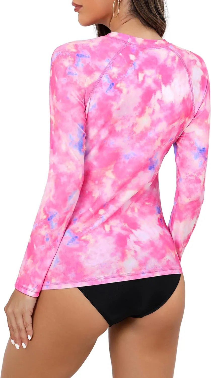 Bonneuitbebe Women Rash Guard with Bra UPF 50  Long Sleeve Swim Shirts Quick Dry Printed SPF Shirts Beach Water Swimwear