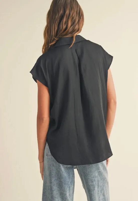 Button Down Cap Sleeve Top - Black