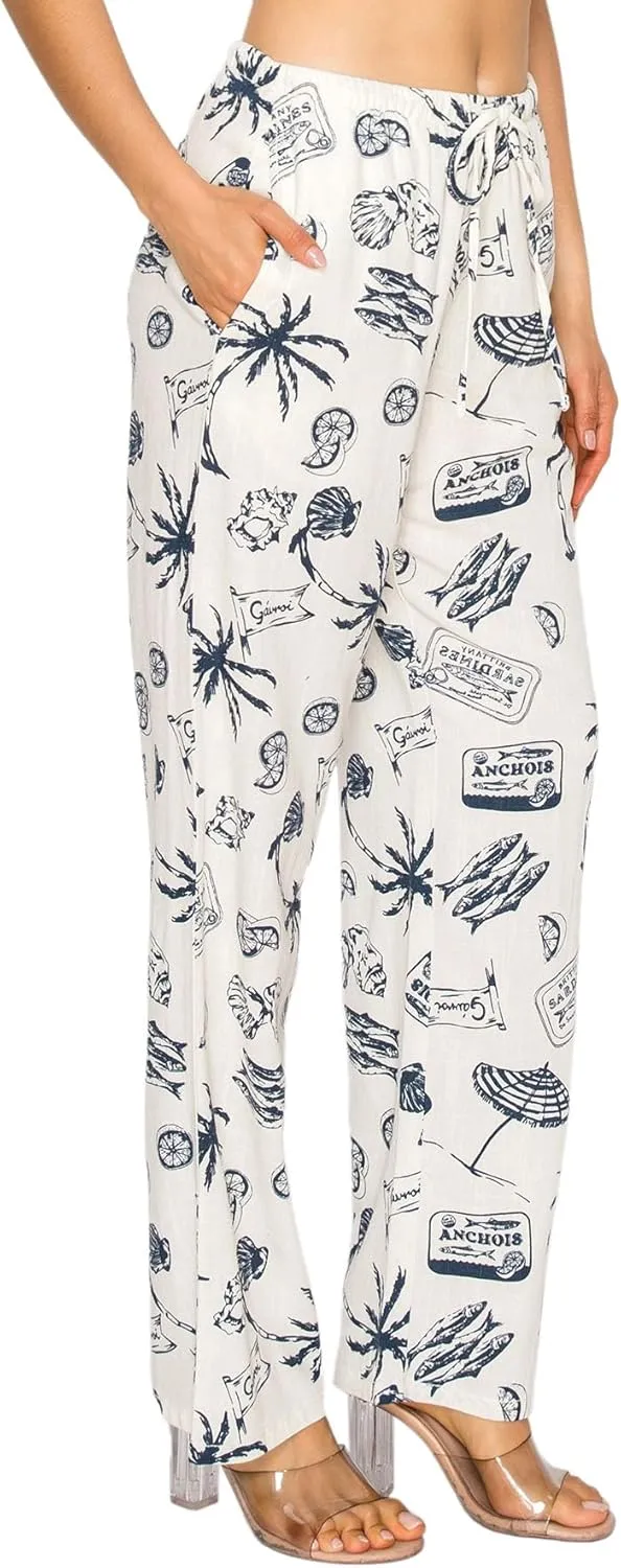 Cali1850 Women's Printed Linen Pants - 30" Inseam Drawstring Elastic Waist Casual Pull On Beach Lounge Trousers with Pockets