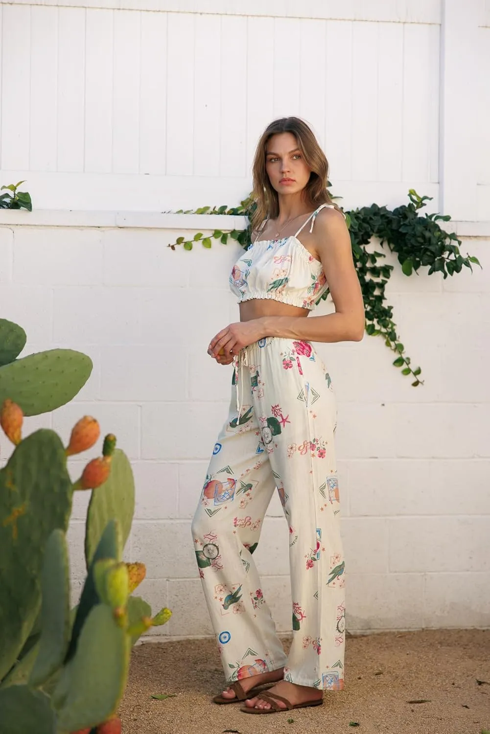 Cali1850 Women's Printed Linen Pants - 30" Inseam Drawstring Elastic Waist Casual Pull On Beach Lounge Trousers with Pockets