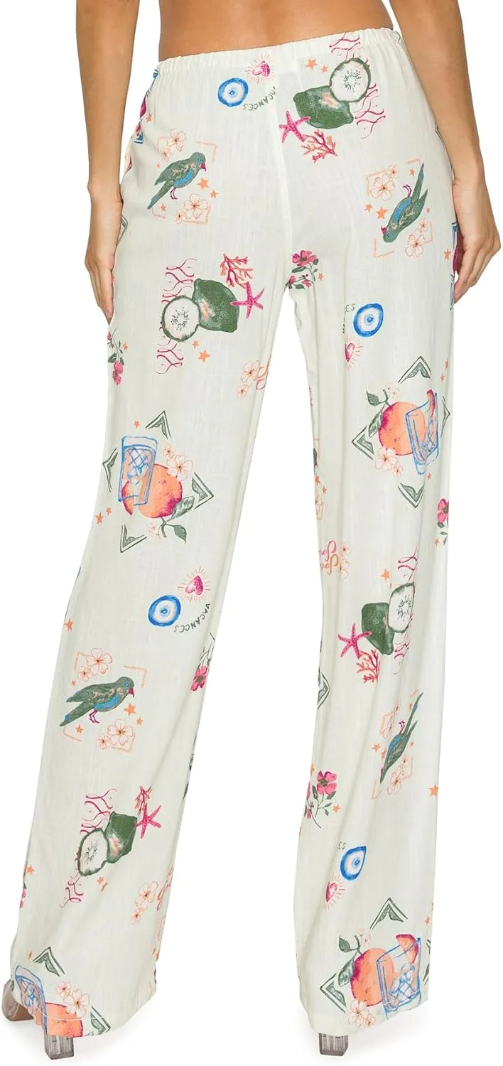 Cali1850 Women's Printed Linen Pants - 30" Inseam Drawstring Elastic Waist Casual Pull On Beach Lounge Trousers with Pockets