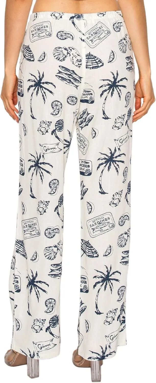 Cali1850 Women's Printed Linen Pants - 30" Inseam Drawstring Elastic Waist Casual Pull On Beach Lounge Trousers with Pockets
