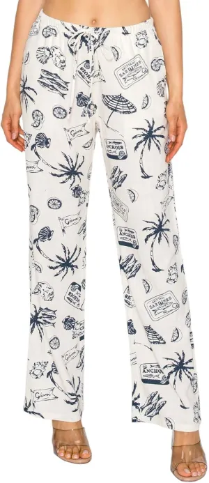Cali1850 Women's Printed Linen Pants - 30" Inseam Drawstring Elastic Waist Casual Pull On Beach Lounge Trousers with Pockets