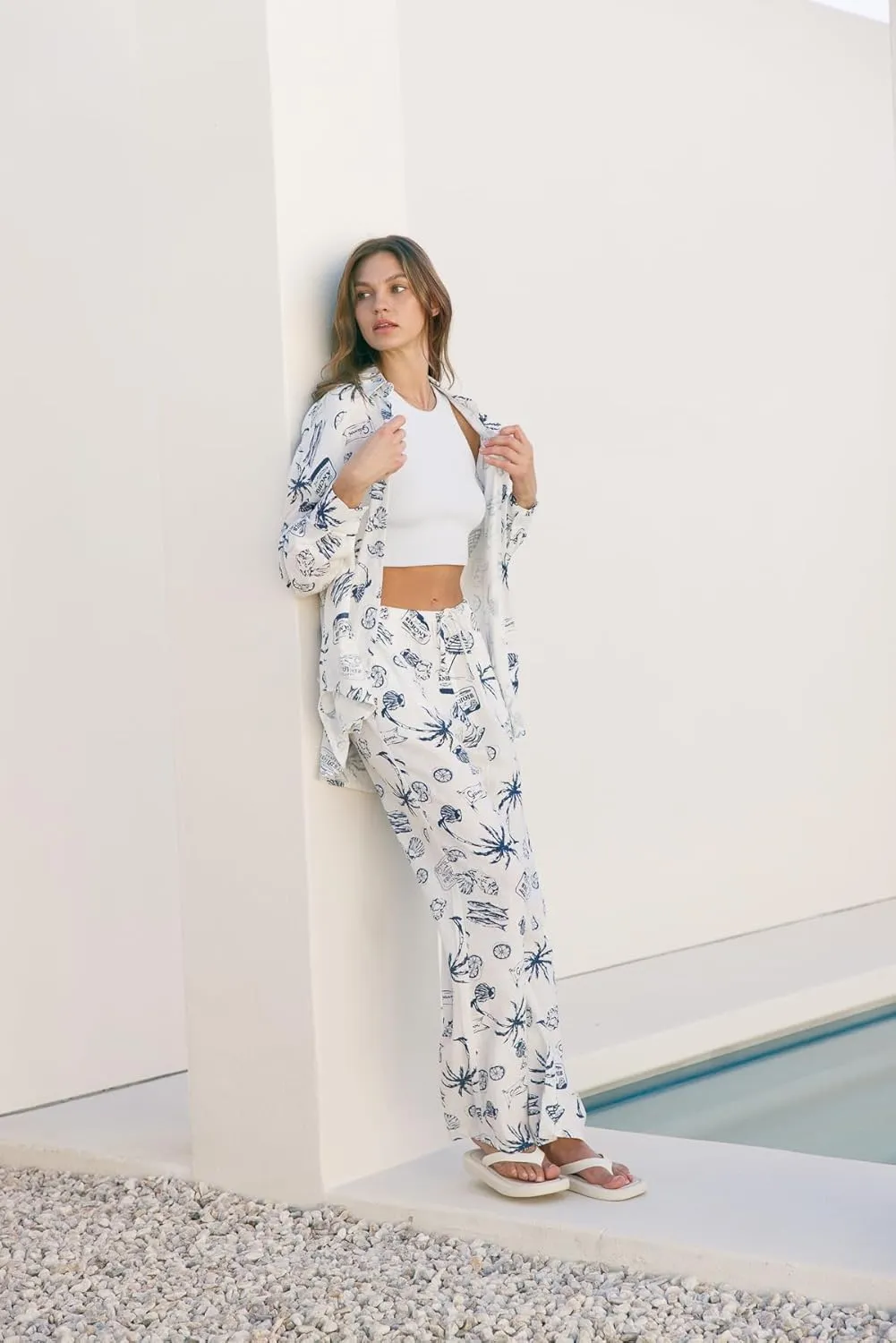 Cali1850 Women's Printed Linen Pants - 30" Inseam Drawstring Elastic Waist Casual Pull On Beach Lounge Trousers with Pockets