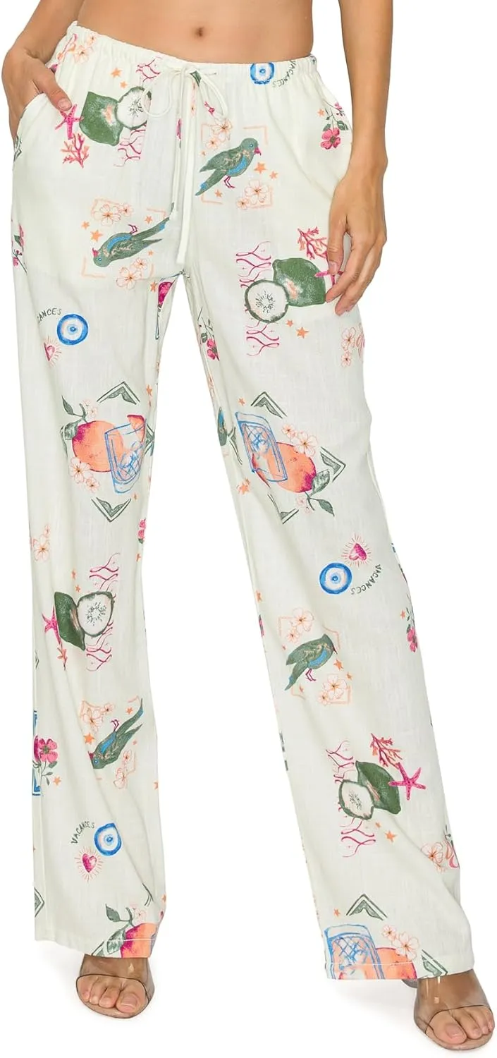 Cali1850 Women's Printed Linen Pants - 30" Inseam Drawstring Elastic Waist Casual Pull On Beach Lounge Trousers with Pockets