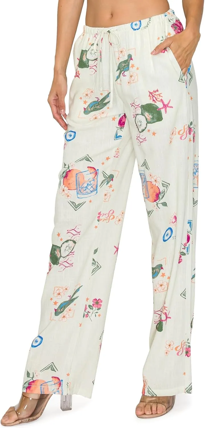 Cali1850 Women's Printed Linen Pants - 30" Inseam Drawstring Elastic Waist Casual Pull On Beach Lounge Trousers with Pockets