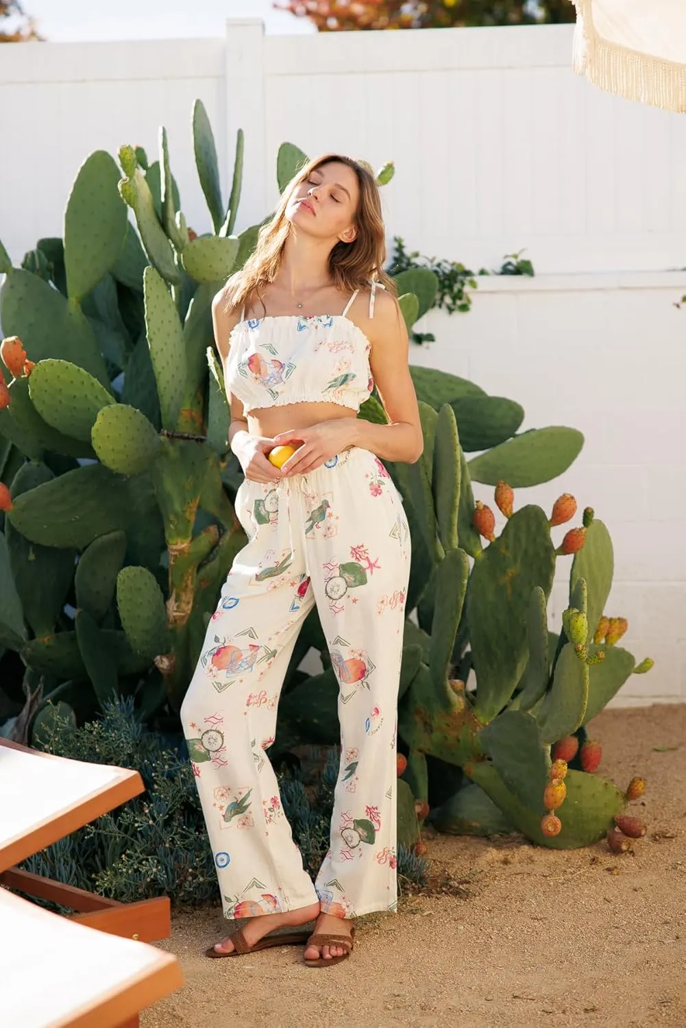 Cali1850 Women's Printed Linen Pants - 30" Inseam Drawstring Elastic Waist Casual Pull On Beach Lounge Trousers with Pockets