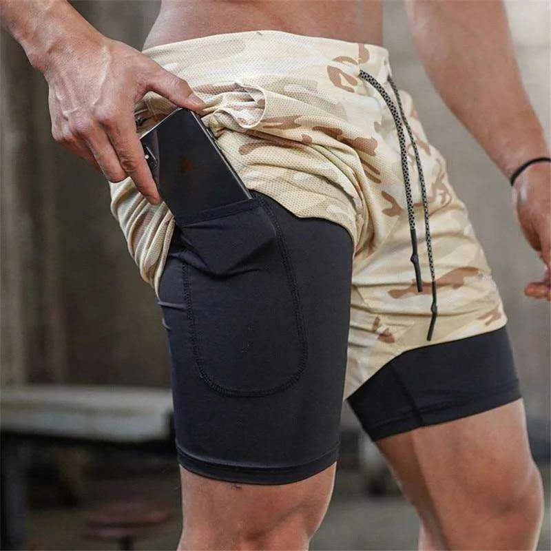 Camo Double-deck Quick Dry Fitness Workout Jogging Running Sport Shorts