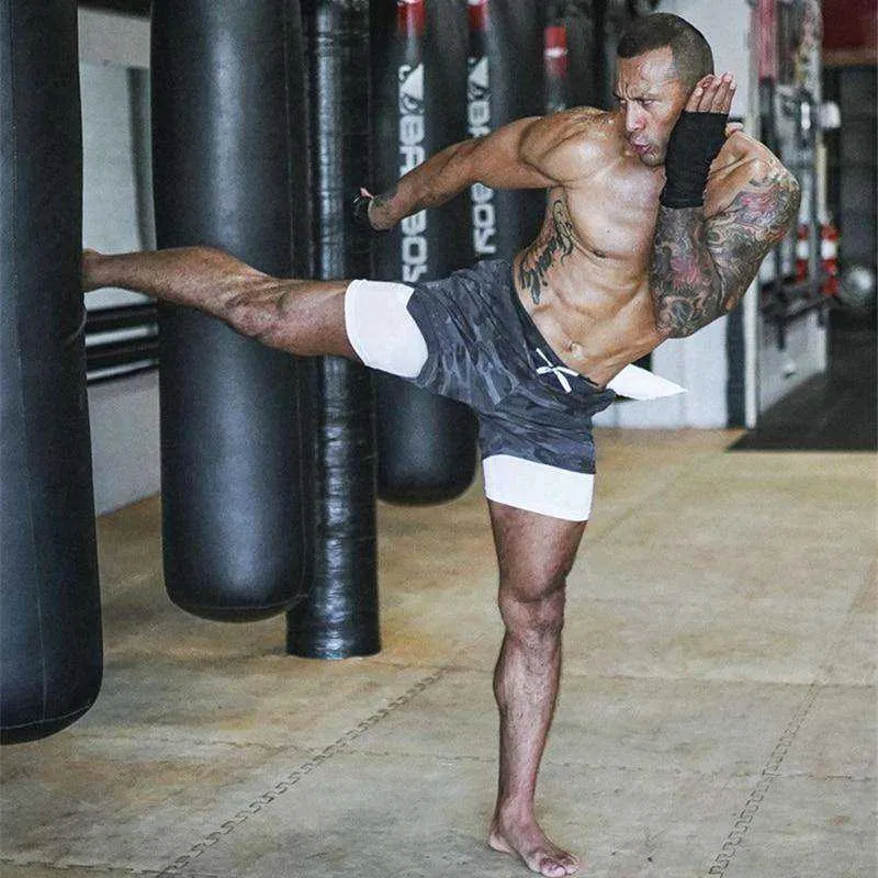Camo Double-deck Quick Dry Fitness Workout Jogging Running Sport Shorts