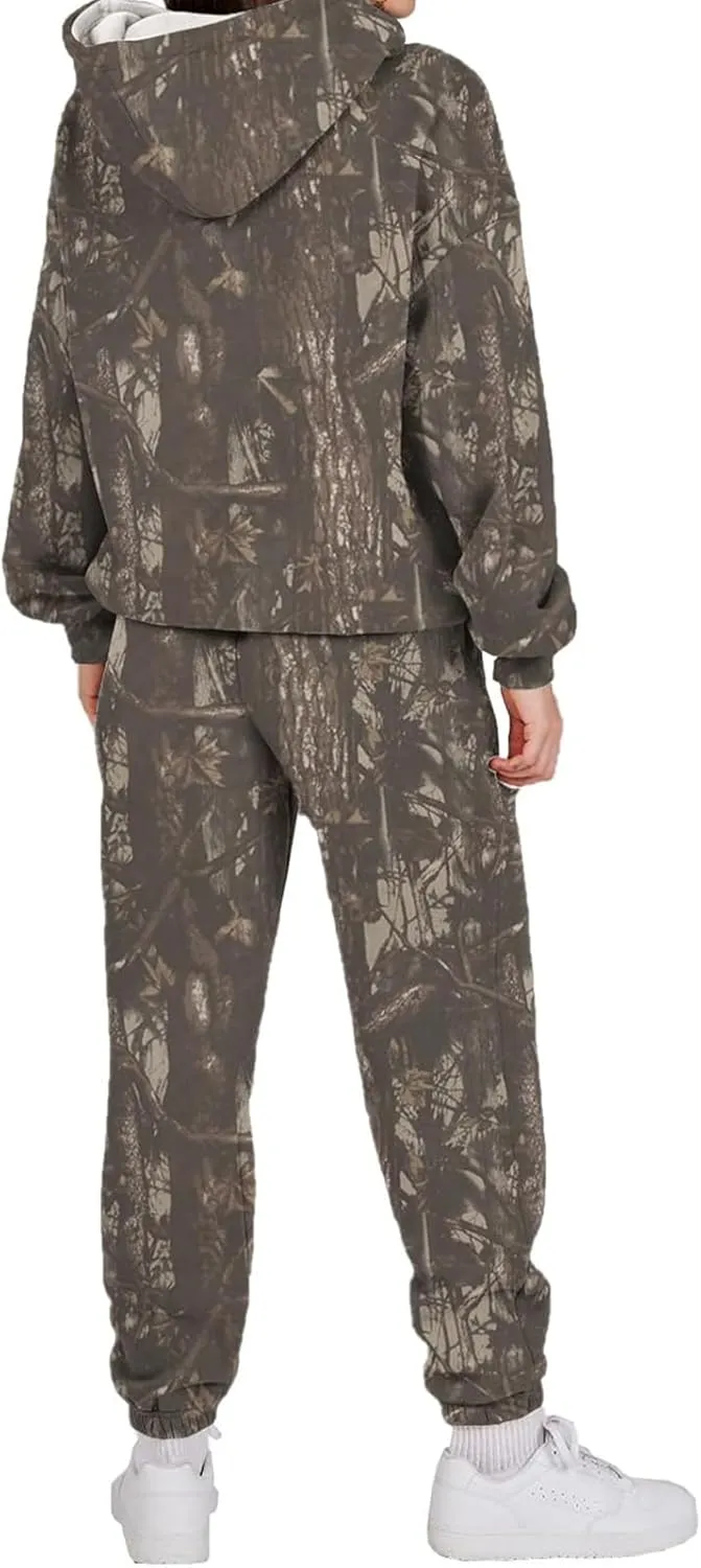 Camo Sweat Set for Women 2 Piece Hoodie Sets Maple Leaf Print Oversized Sweatshirt Sweatpants Fall Outfits