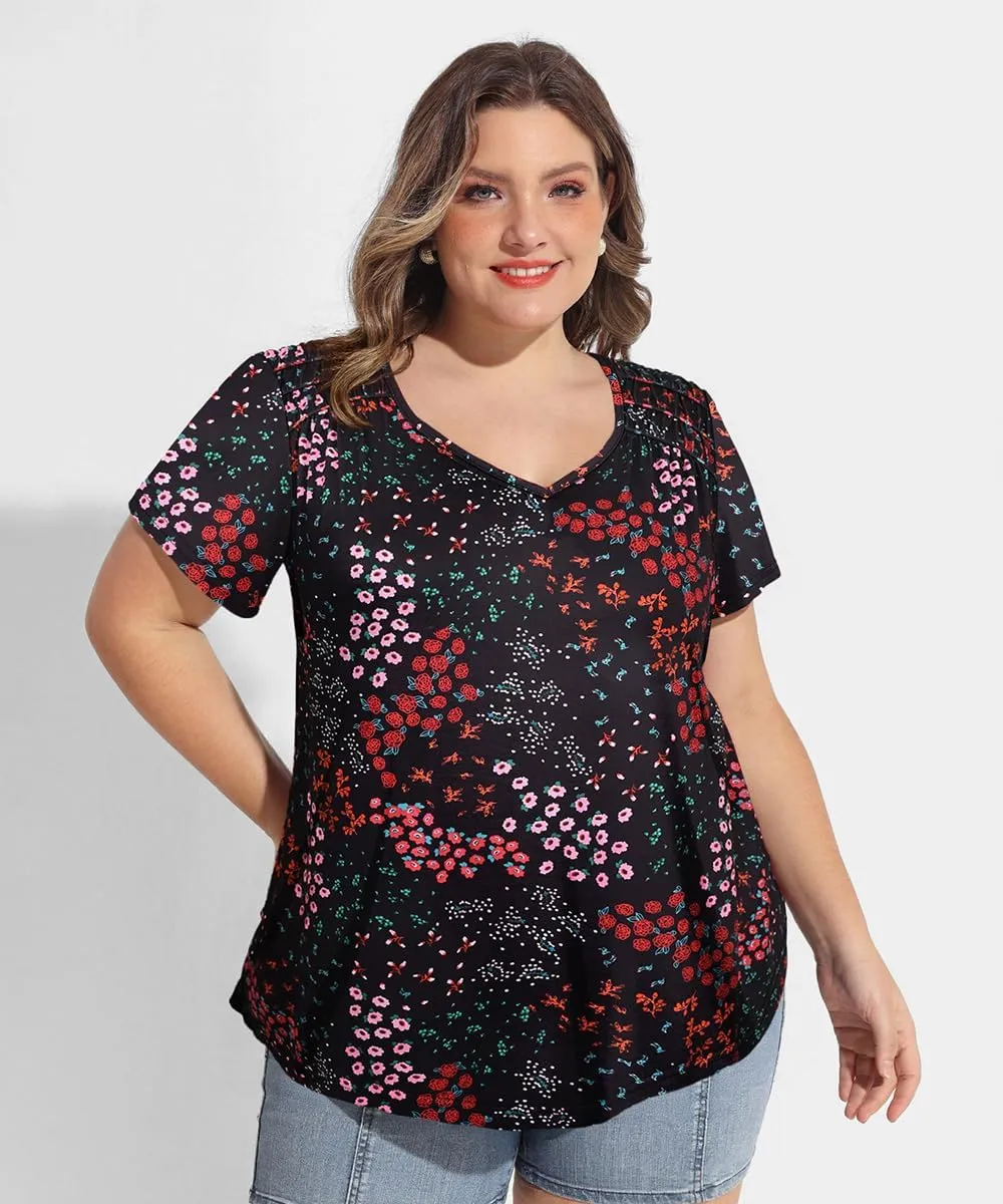 CARCOS Plus Size Tops for Women Short Sleeve Smocked V Neck Shirts Casual Summer Tunic Loose Fit Tshirts XL-5XL