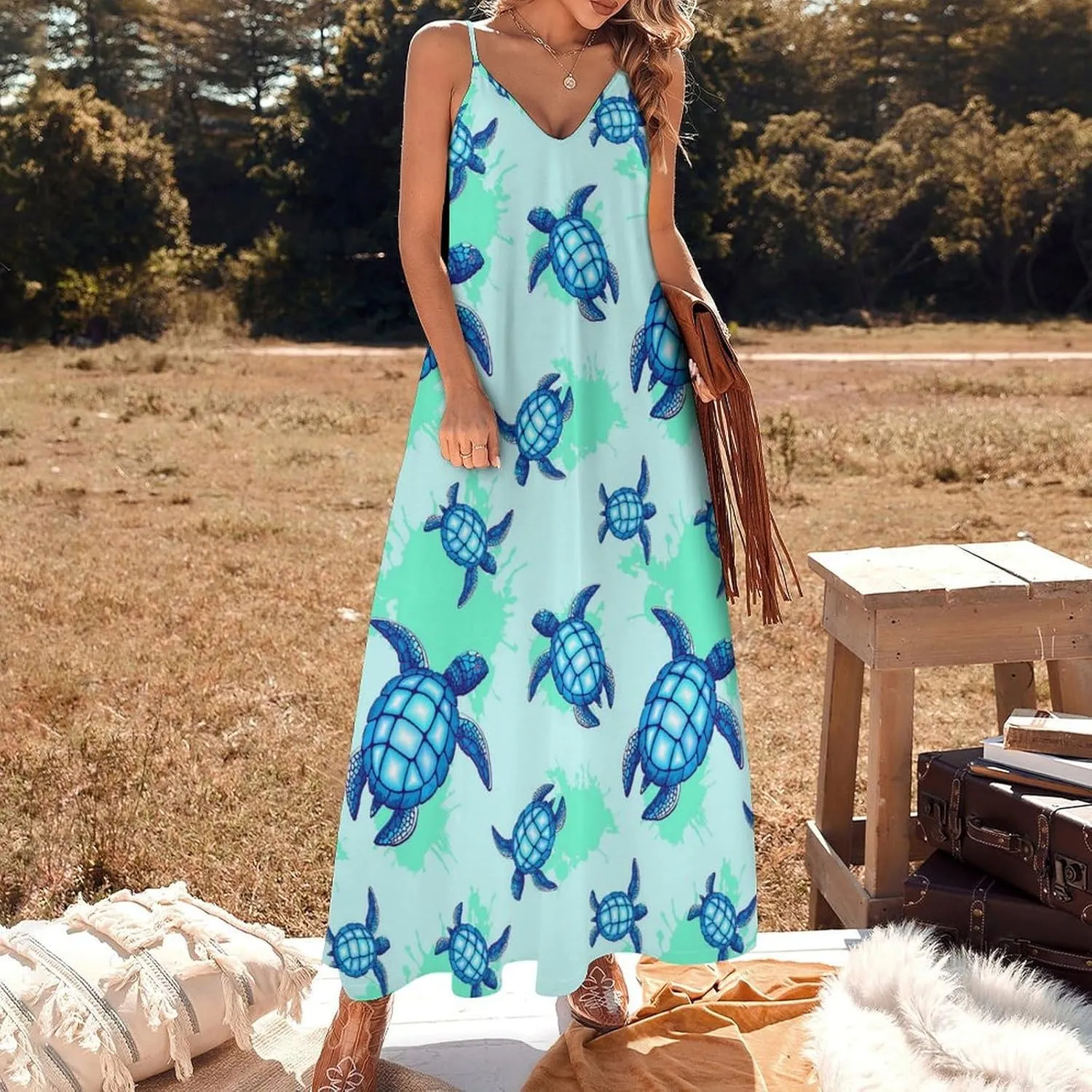 Casual Loose Sleeveless Dress for Women, Sexy V Neck Flowy Maxi Dress, Beach Vacation Spaghetti Strap Sundress