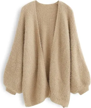 CHICWISH Women Fuzzy Open Front Waffle Knit Cardigan Long Lantern Sleeve Oversize Classy Cozy Cardigan Sweater Tan/Pink/Blue