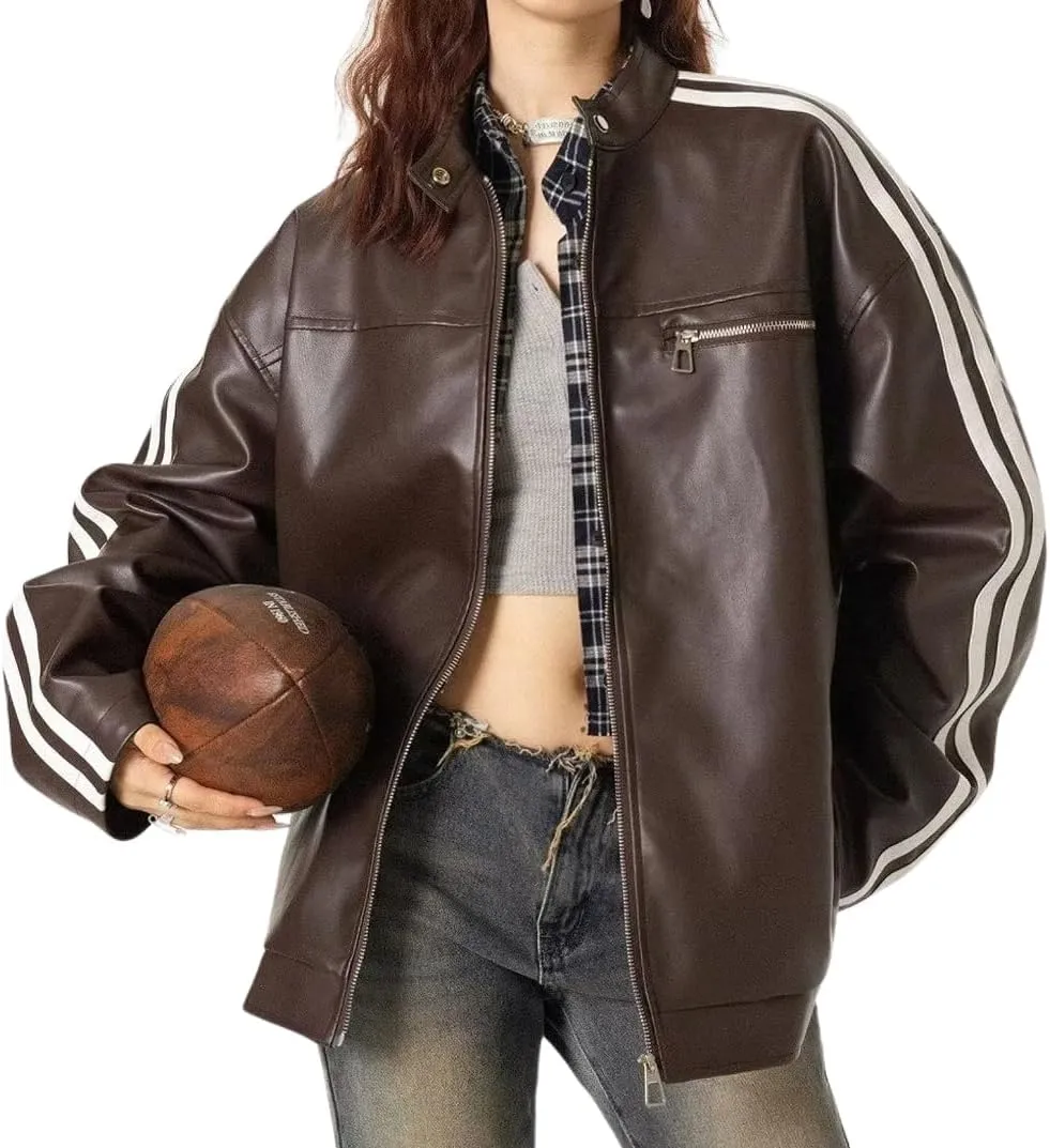 chouyatou Womens Y2k Moto PU Jacket Zip Up Bomber Jacket Stand Collar Faux Leather Jacket Coat with Pockets
