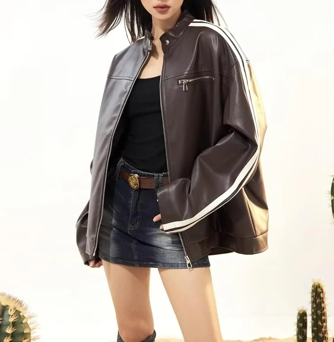 chouyatou Womens Y2k Moto PU Jacket Zip Up Bomber Jacket Stand Collar Faux Leather Jacket Coat with Pockets