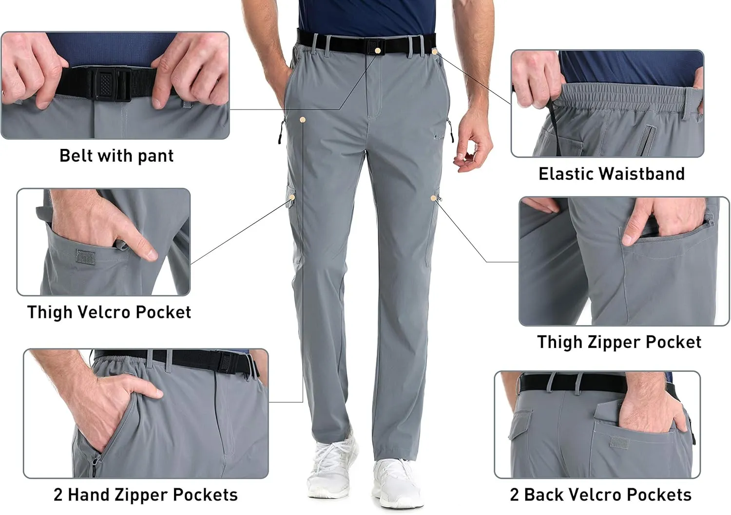 clothin Men's Elastic-Waist Travel Pant Stretchy Lightweight Pant Multi-Pockets Quick Dry Breathable