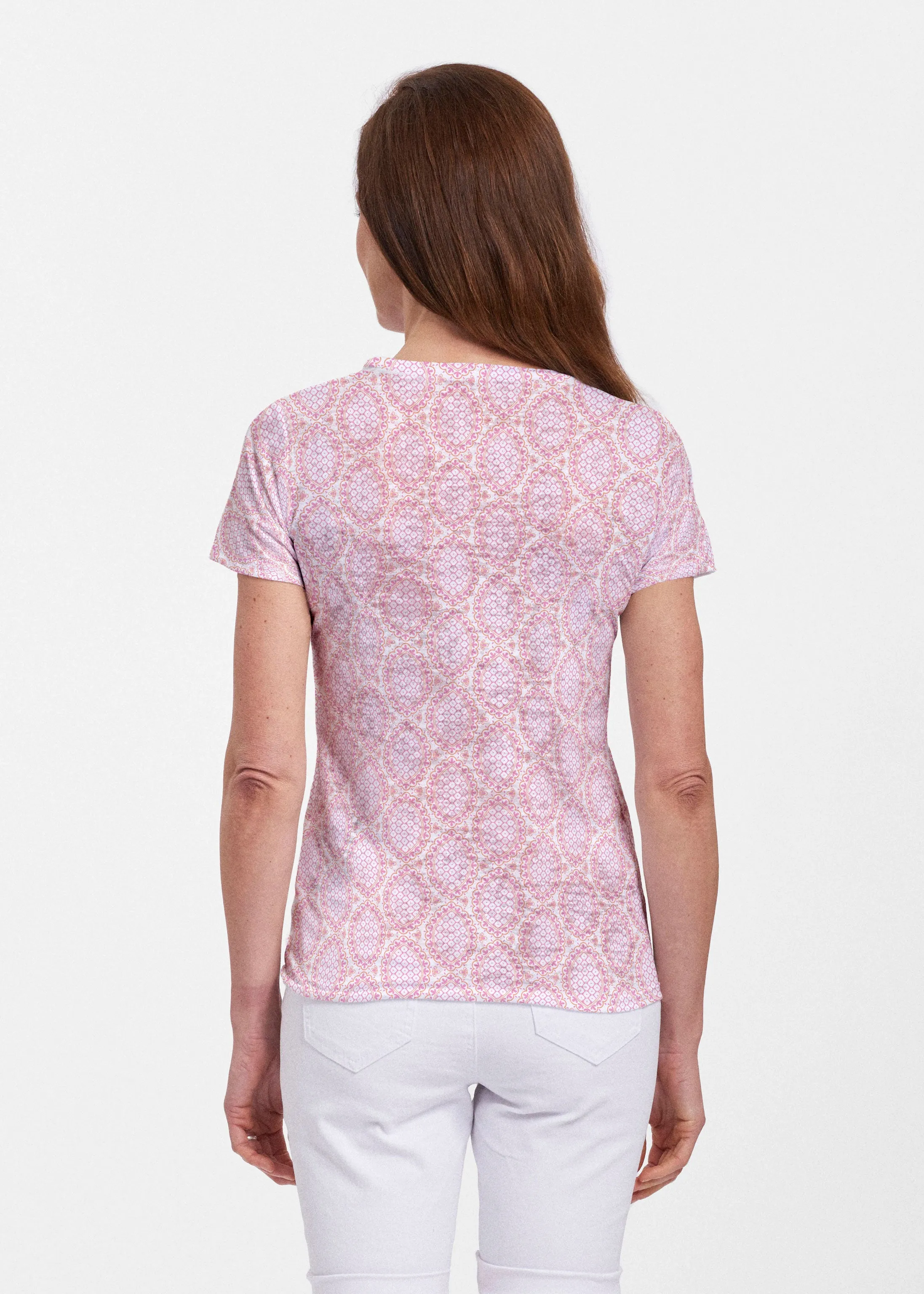 Coastal Lace Pink (7757) ~ Sheer Short Sleeve Crew Shirt