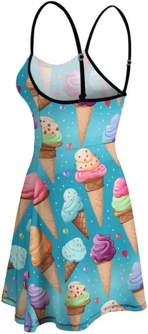 Colorful Ice Cream Women's Sling Dress Cute Print Summer Loose Beach Sundress Club Party Floral Maxi Dress