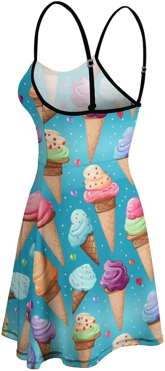 Colorful Ice Cream Women's Sling Dress Cute Print Summer Loose Beach Sundress Club Party Floral Maxi Dress