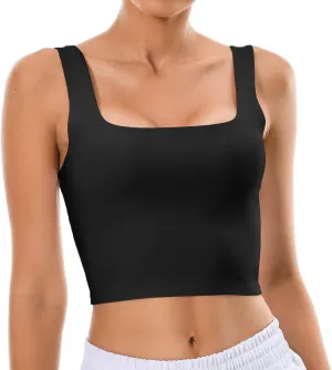 Colorfulkoala Women's Body Contour Square Neck Tank Tops Sleeveless Strappy Crop Double Lined Shirts