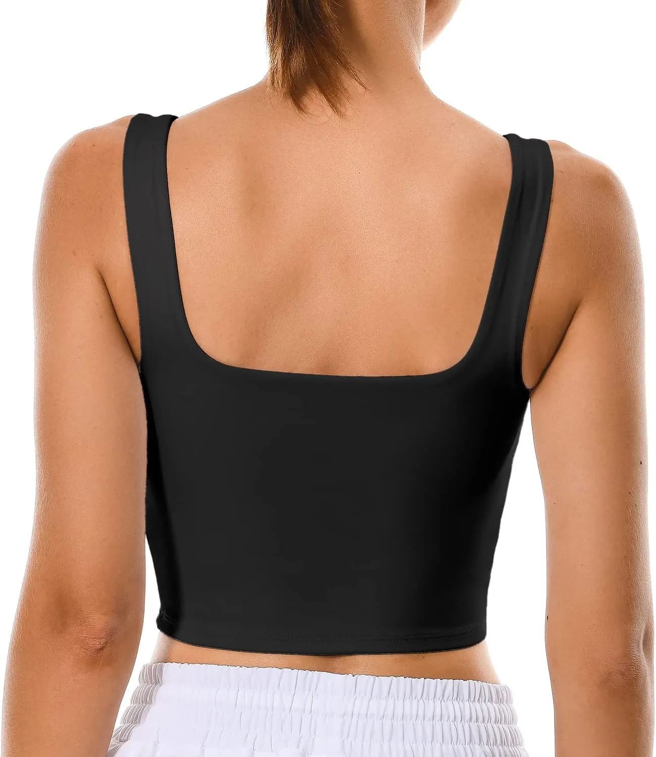 Colorfulkoala Women's Body Contour Square Neck Tank Tops Sleeveless Strappy Crop Double Lined Shirts