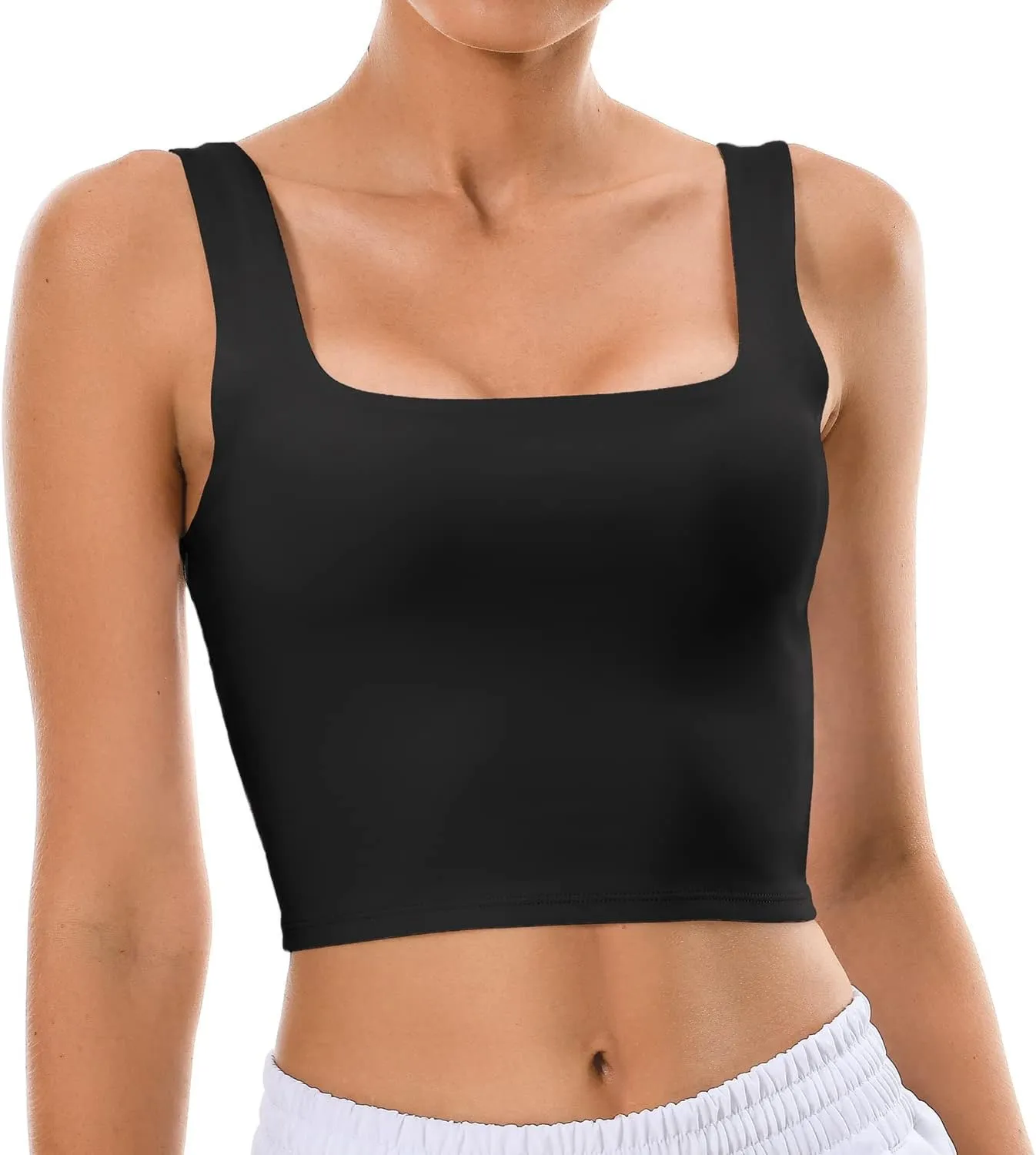 Colorfulkoala Women's Body Contour Square Neck Tank Tops Sleeveless Strappy Crop Double Lined Shirts