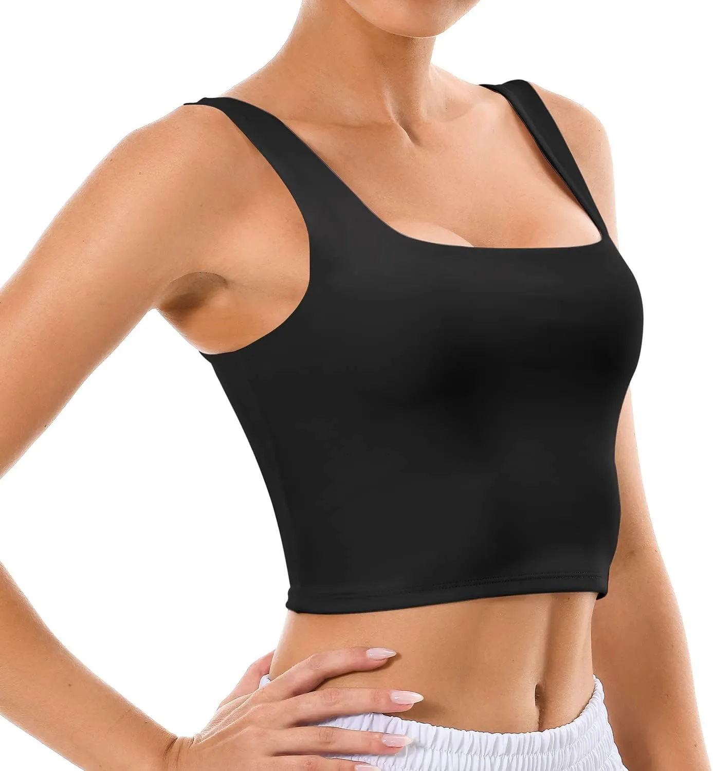 Colorfulkoala Women's Body Contour Square Neck Tank Tops Sleeveless Strappy Crop Double Lined Shirts