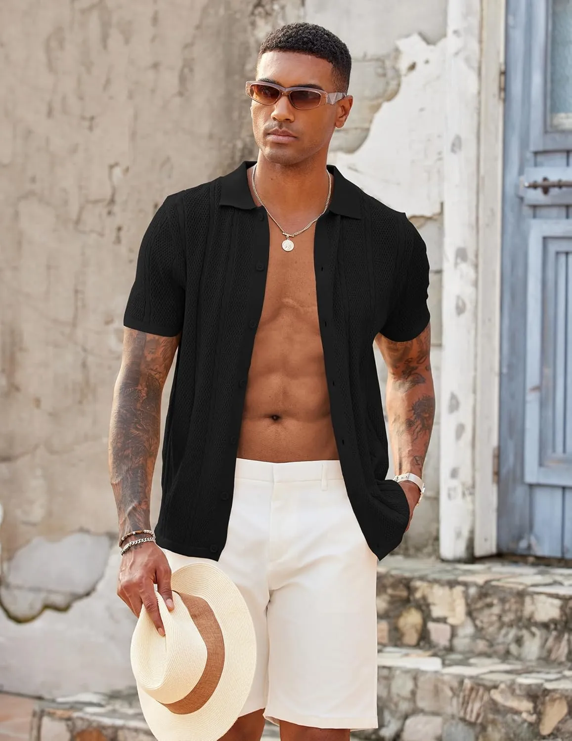 COOFANDY Mens Knit Button Down Shirts Casual Textured Polo Shirt Short Sleeve Vintage Summer Beach Tops