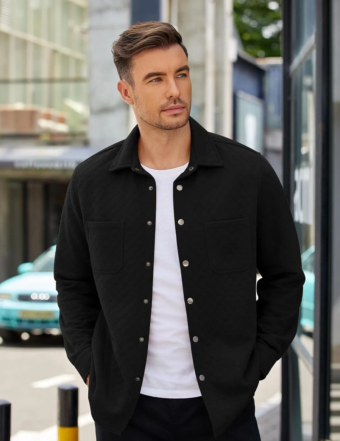 COOFANDY Mens Shacket Long Sleeve Shirt Jacket with Pockets Lightweight Quilted Overshirt