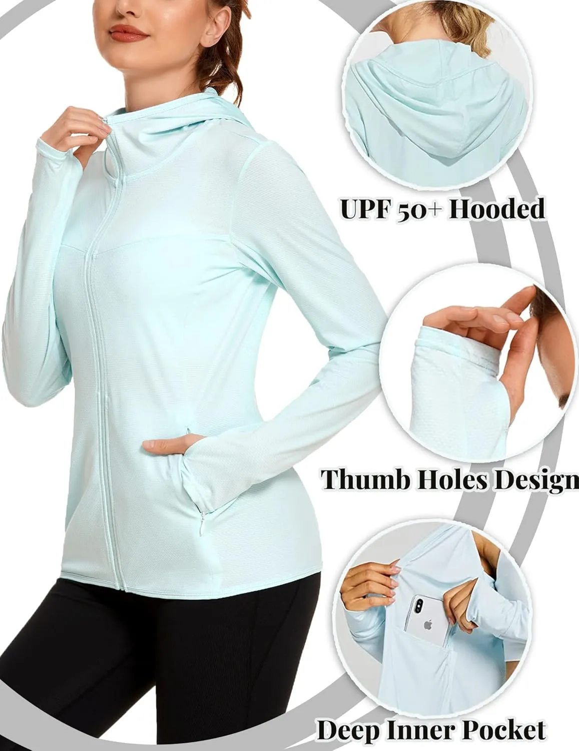 COOrun Women's UPF 50  Sun Protection Hoodie Jacket Lightweight Full Zip Running Jacket Athletic Jacket with Thumb Holes