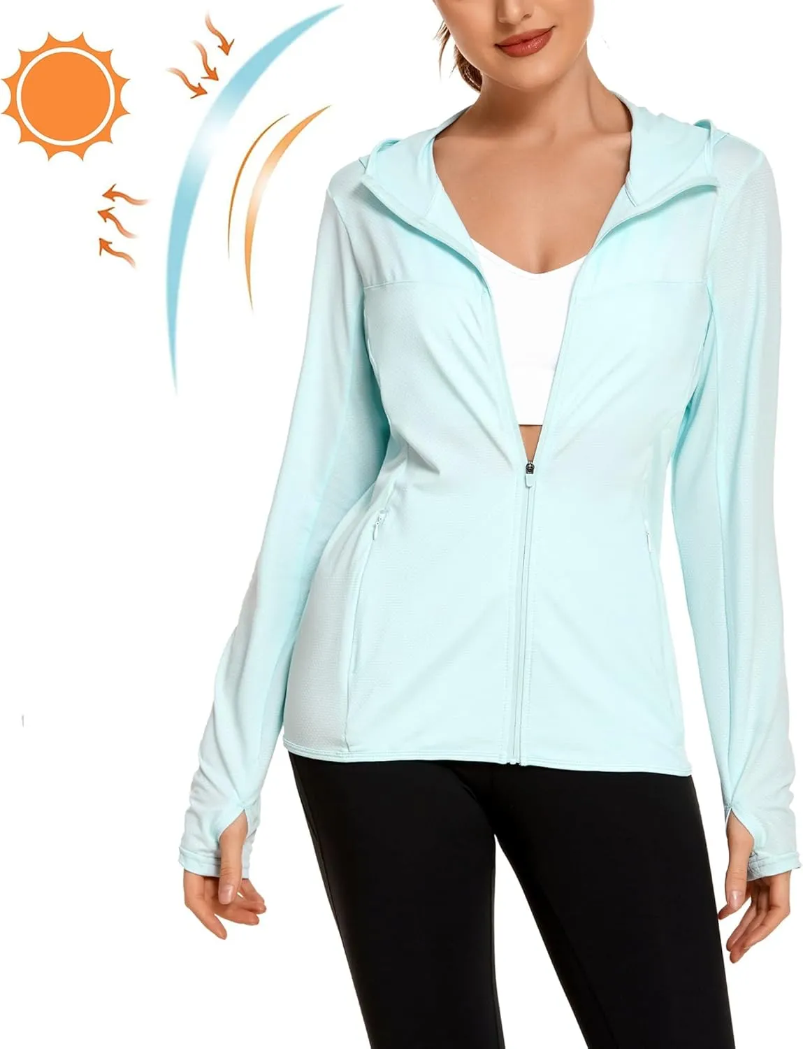 COOrun Women's UPF 50  Sun Protection Hoodie Jacket Lightweight Full Zip Running Jacket Athletic Jacket with Thumb Holes
