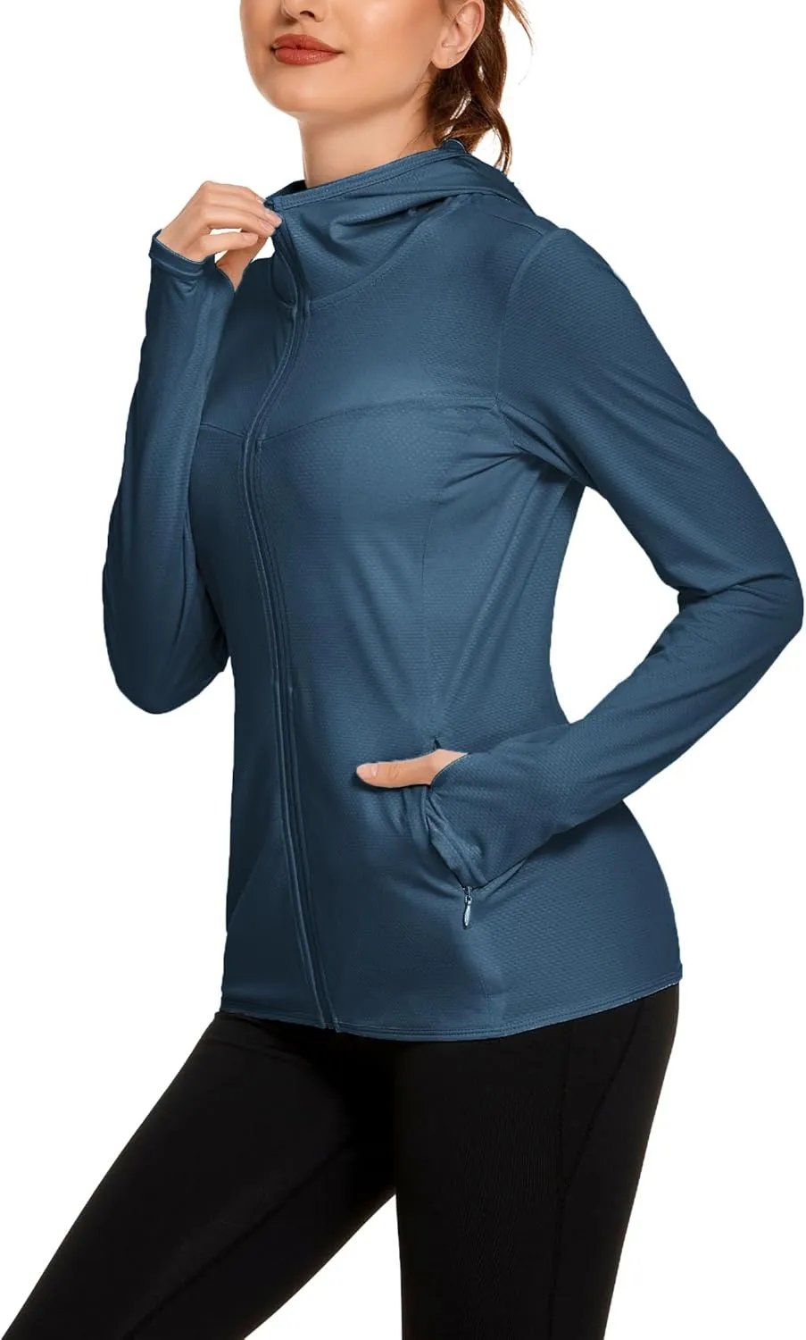 COOrun Women's UPF 50  Sun Protection Hoodie Jacket Lightweight Full Zip Running Jacket Athletic Jacket with Thumb Holes
