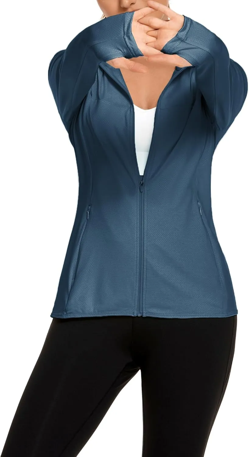 COOrun Women's UPF 50  Sun Protection Hoodie Jacket Lightweight Full Zip Running Jacket Athletic Jacket with Thumb Holes