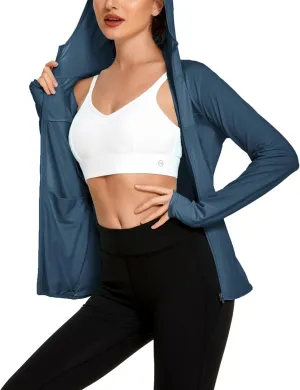 COOrun Women's UPF 50  Sun Protection Hoodie Jacket Lightweight Full Zip Running Jacket Athletic Jacket with Thumb Holes