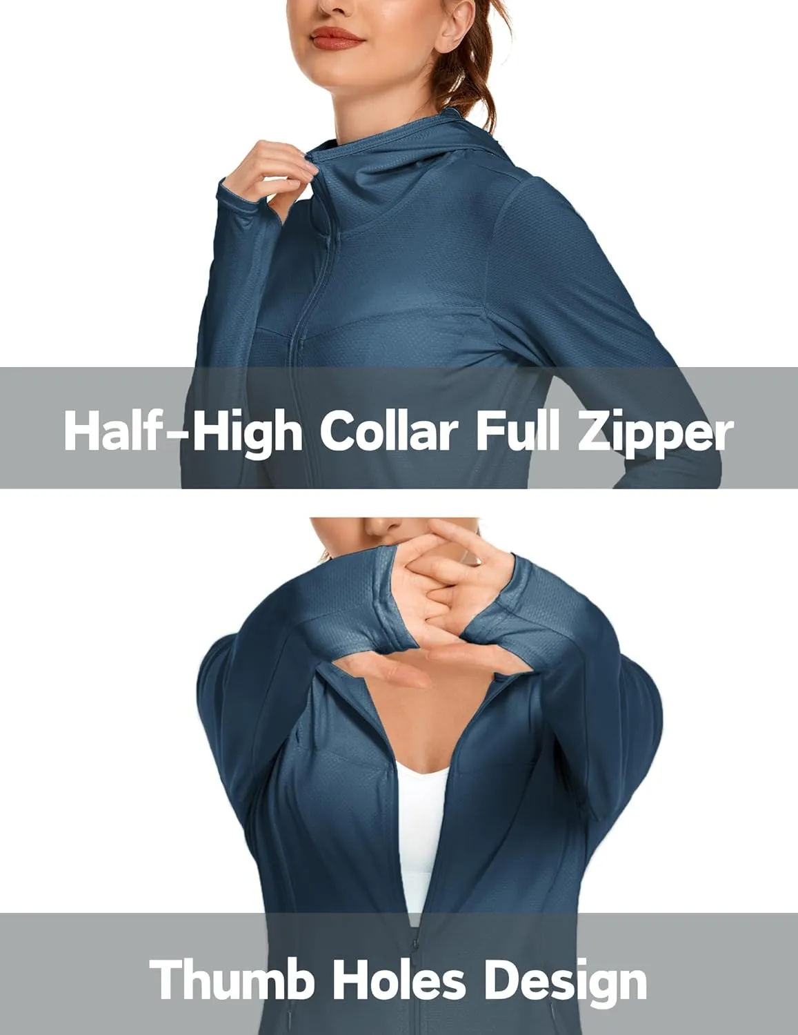 COOrun Women's UPF 50  Sun Protection Hoodie Jacket Lightweight Full Zip Running Jacket Athletic Jacket with Thumb Holes