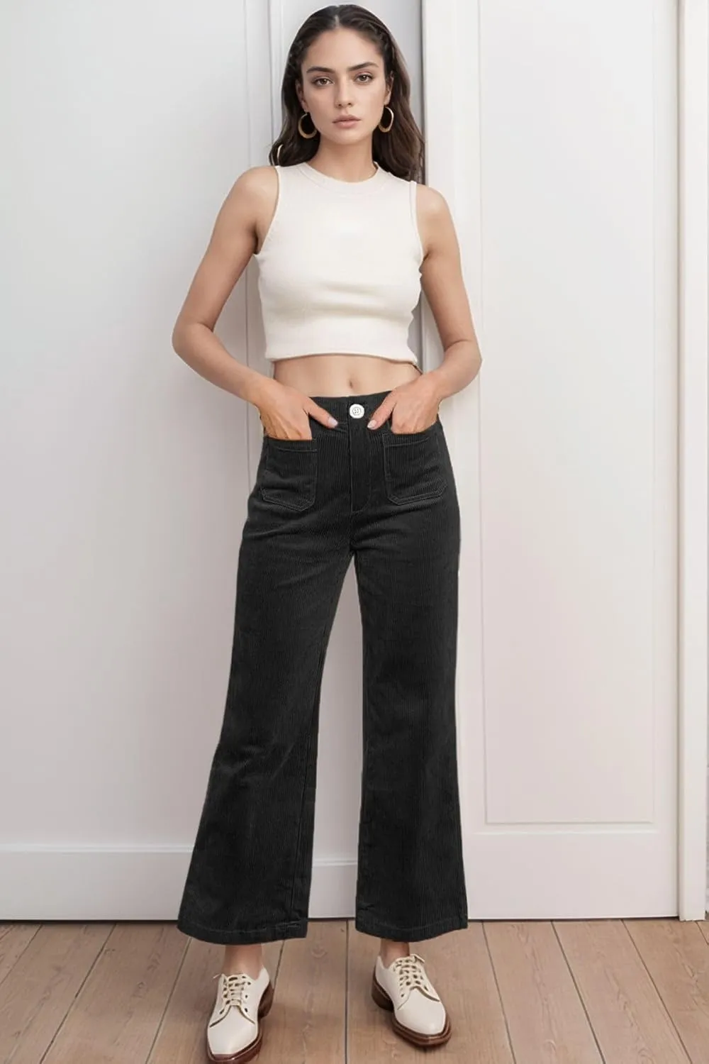 Corduroy Pants Women Elastic Waist Business Casual Pants Bell Bottoms for Women Wide Leg Trousers Flare Pants